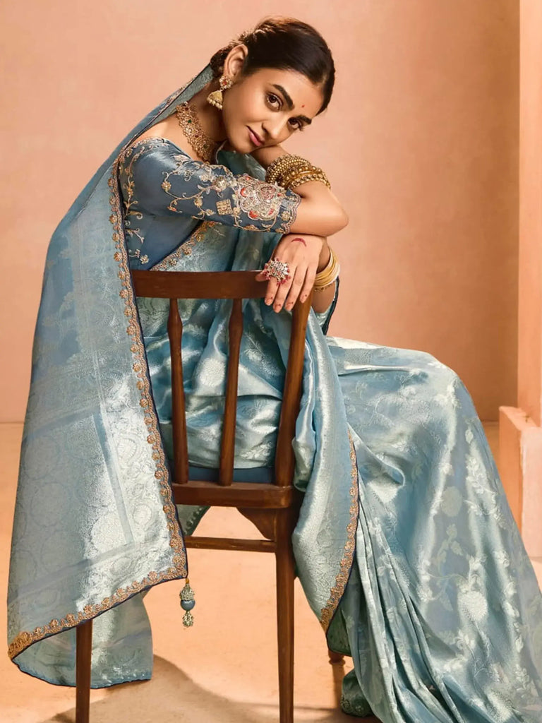 Lovely Dusty Blue Zari Weaving Silk Event Wear Saree With Blouse
