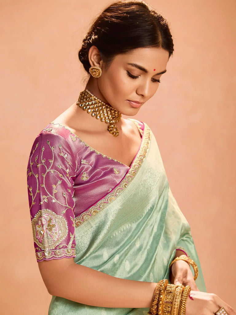 Stunning Sea Green Zari Weaving Silk Traditional Saree With Blouse