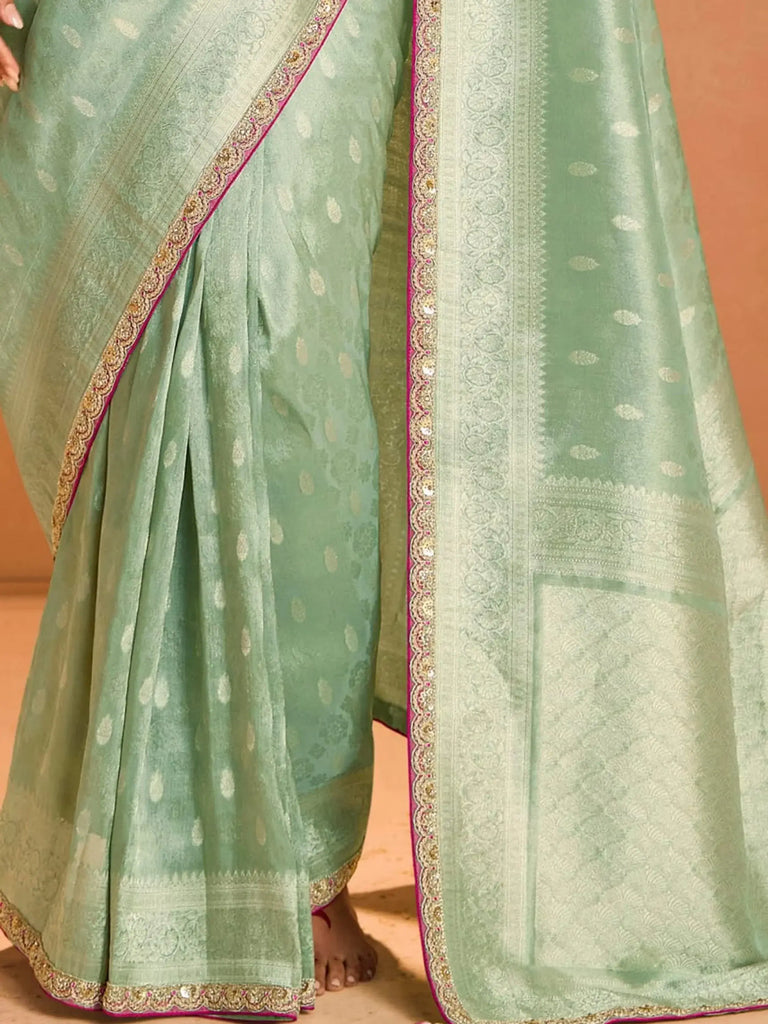 Stunning Sea Green Zari Weaving Silk Traditional Saree With Blouse