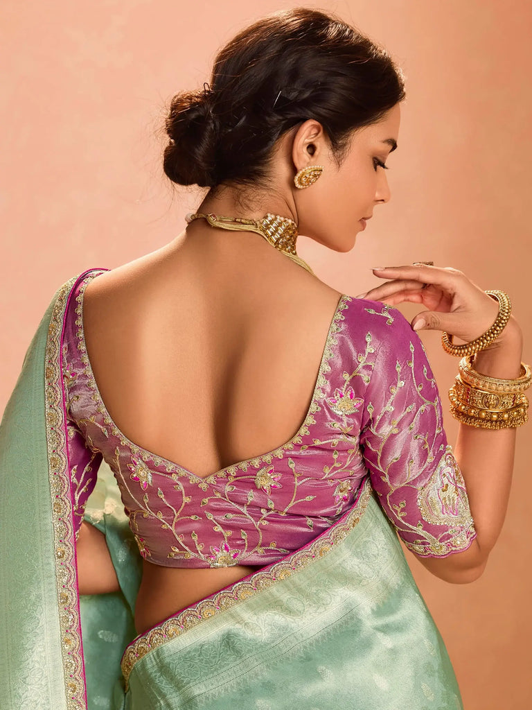 Stunning Sea Green Zari Weaving Silk Traditional Saree With Blouse