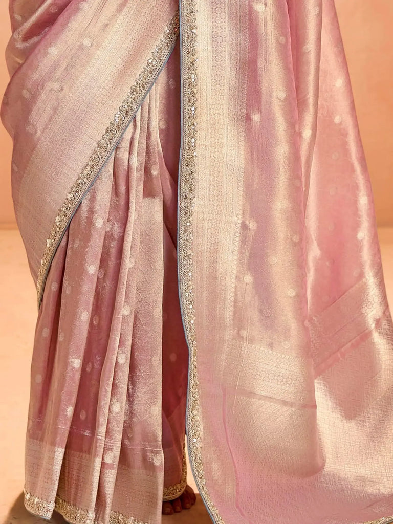 Spectacular Pink Zari Weaving Silk Festival Wear Saree With Blouse