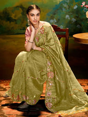 Fabulous Pista Green Thread Embroidered Organza Saree With Blouse