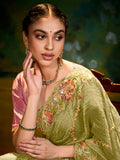 Fabulous Pista Green Thread Embroidered Organza Saree With Blouse