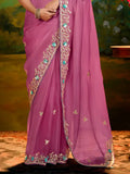 Awesome Pink Border Work Organza Festival Wear Saree With Blouse