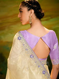 Fantastic Beige Border Work Organza Classic Saree With Blouse