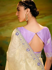 Fantastic Beige Border Work Organza Classic Saree With Blouse