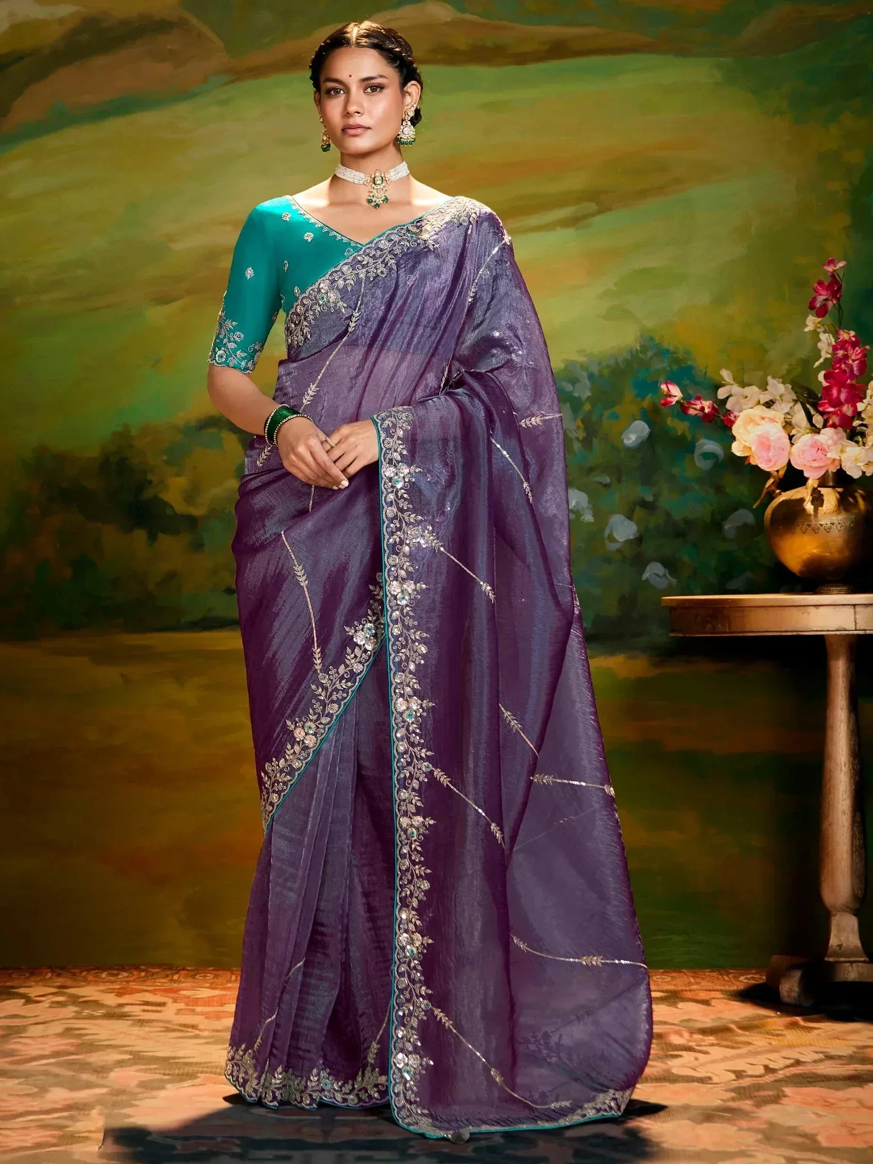Purple embroidered saree with teal blouse, Indian ethnic wear for women