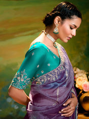 Incredible Purple Thread Embroidered Organza Wedding Wear Saree