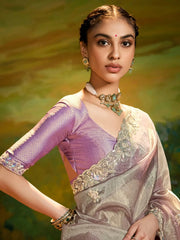 Stunning Grey Border Work Organza Festival Wear Saree With Blouse