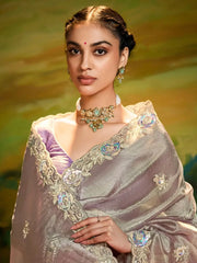 Stunning Grey Border Work Organza Festival Wear Saree With Blouse