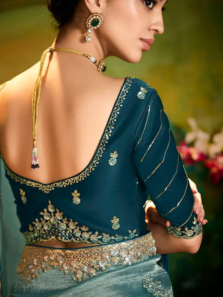 Beautiful Sea-Green Organza Engagement Wear Saree With Blouse