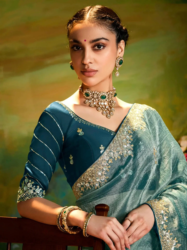 Beautiful Sea-Green Organza Engagement Wear Saree With Blouse