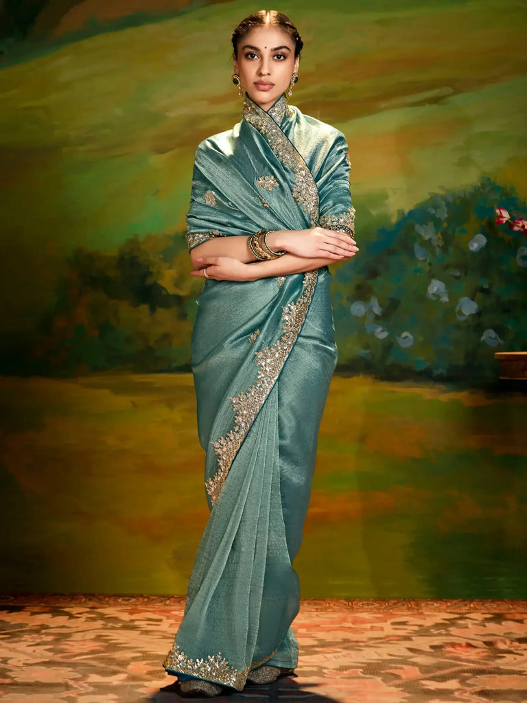Beautiful Sea-Green Organza Engagement Wear Saree With Blouse