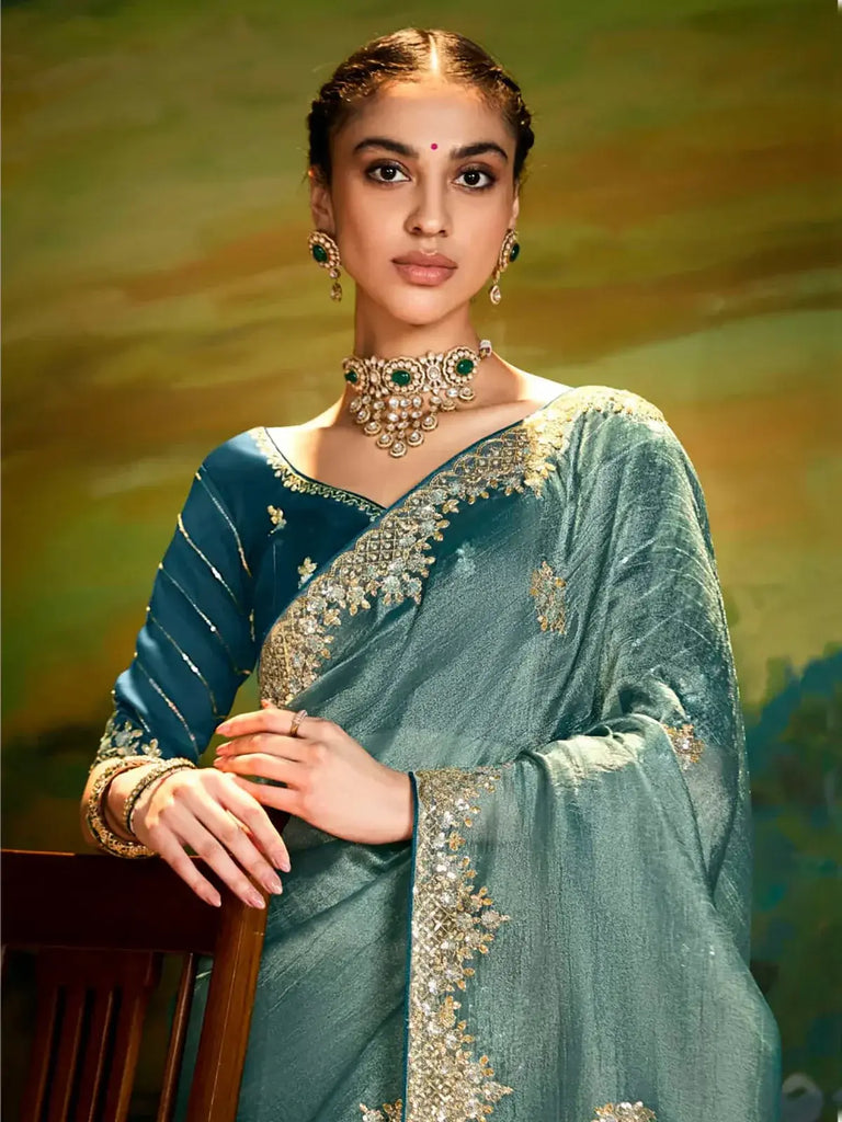 Beautiful Sea-Green Organza Engagement Wear Saree With Blouse