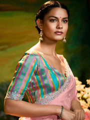 Precious Pink Border Work Organza Wedding Saree With Blouse