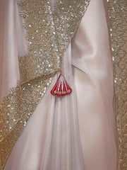 Incredible Grey Sequins Organza Reception Wear Saree With Blouse