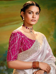 Incredible Grey Sequins Organza Reception Wear Saree With Blouse