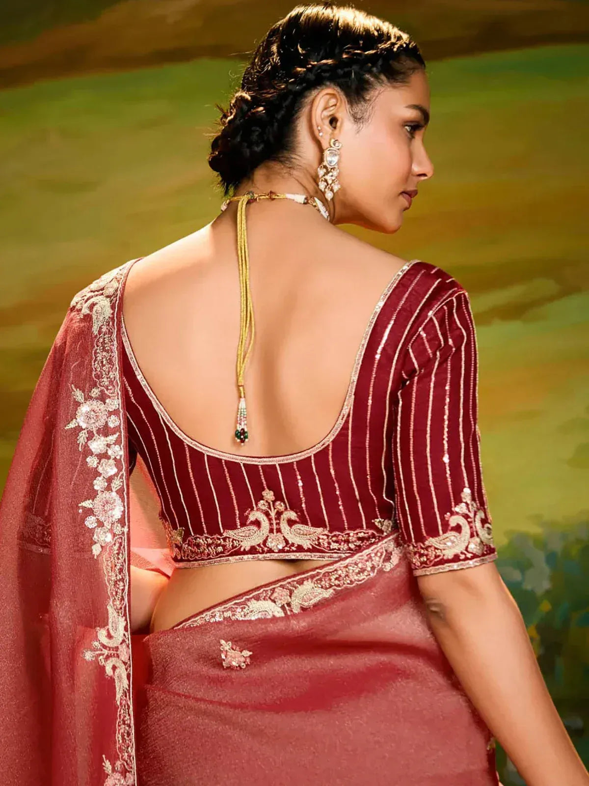 Maroon saree with gold embroidery and backless blouse, Indian ethnic wear