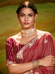 Astonishing Red Thread Embroidered Organza Wedding Saree