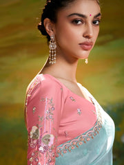 Dazzling Sky-Blue Organza Engagement Wear Saree With Blouse
