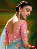 Dazzling Sky-Blue Organza Engagement Wear Saree With Blouse