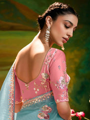 Dazzling Sky-Blue Organza Engagement Wear Saree With Blouse