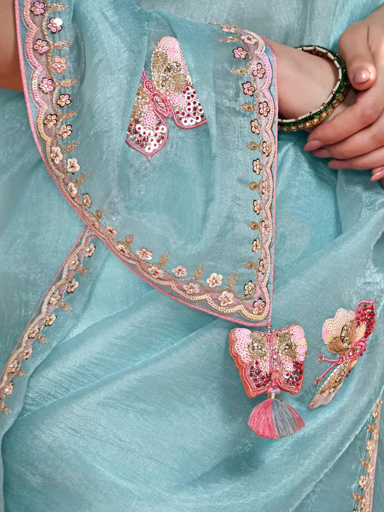 Dazzling Sky-Blue Organza Engagement Wear Saree With Blouse