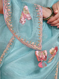 Dazzling Sky-Blue Organza Engagement Wear Saree With Blouse