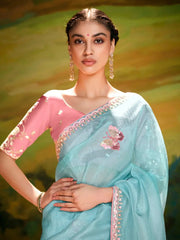 Dazzling Sky-Blue Organza Engagement Wear Saree With Blouse