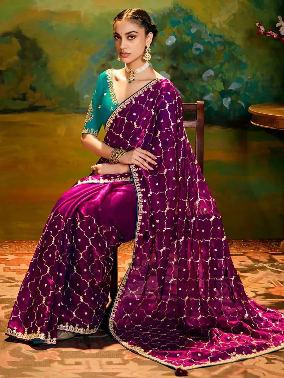 Purple velvet saree with gold embroidery, teal blouse, ethnic Indian wear for women