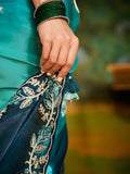 Gorgeous Turquoise Blue Embroidered Organza Reception Wear Saree