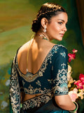Gorgeous Turquoise Blue Embroidered Organza Reception Wear Saree