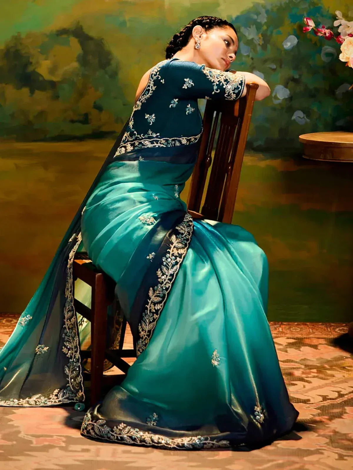 Teal designer saree with silver embroidery, elegant ethnic wear for women