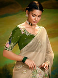 Adorable Cream Border Work Organza Traditional Saree With Blouse