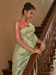 Dazzling Pista Green Weaving Silk Festival Wear Saree With Blouse