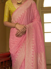 Stunning Baby Pink Weaving Silk Traditional Saree With Blouse