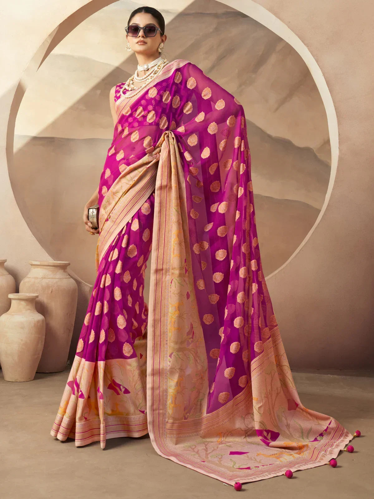 Lovely Pink Georgette Event Wear Paithani Saree With Blouse