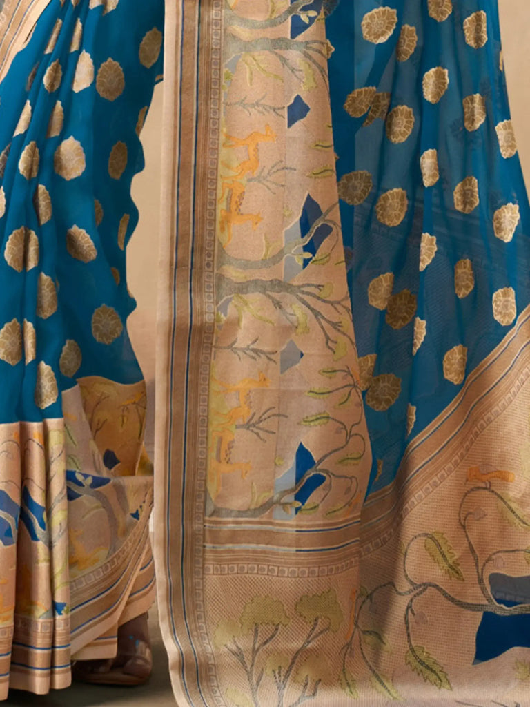 Adorable Blue Zari Weaving Georgette Festival Wear Saree With Blouse