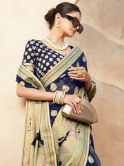 Charming Navy Blue Zari Weaving Georgette Paithani Saree With Blouse