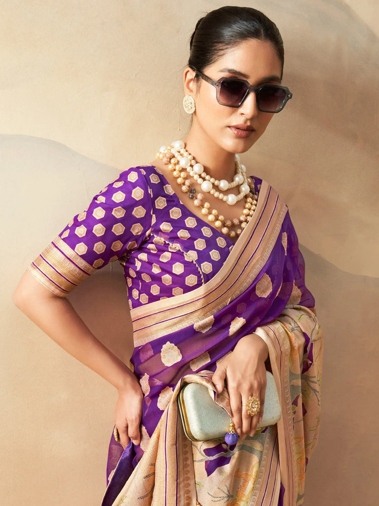 Fascinating Purple Zari Weaving Georgette Traditional Saree With Blouse