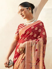 Stunning Red Zari Weaving Georgette Wedding Saree With Blouse