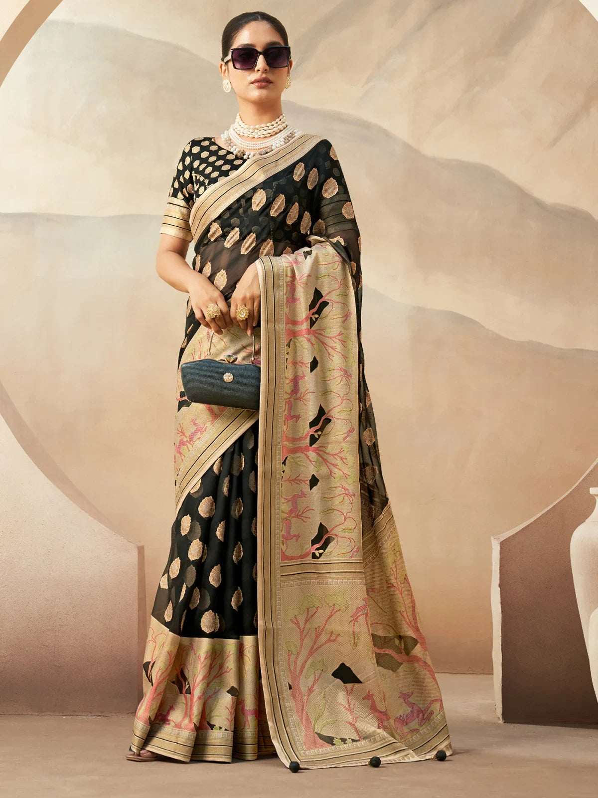 Wonderful Black Georgette Event Wear Paithani Saree With Blouse