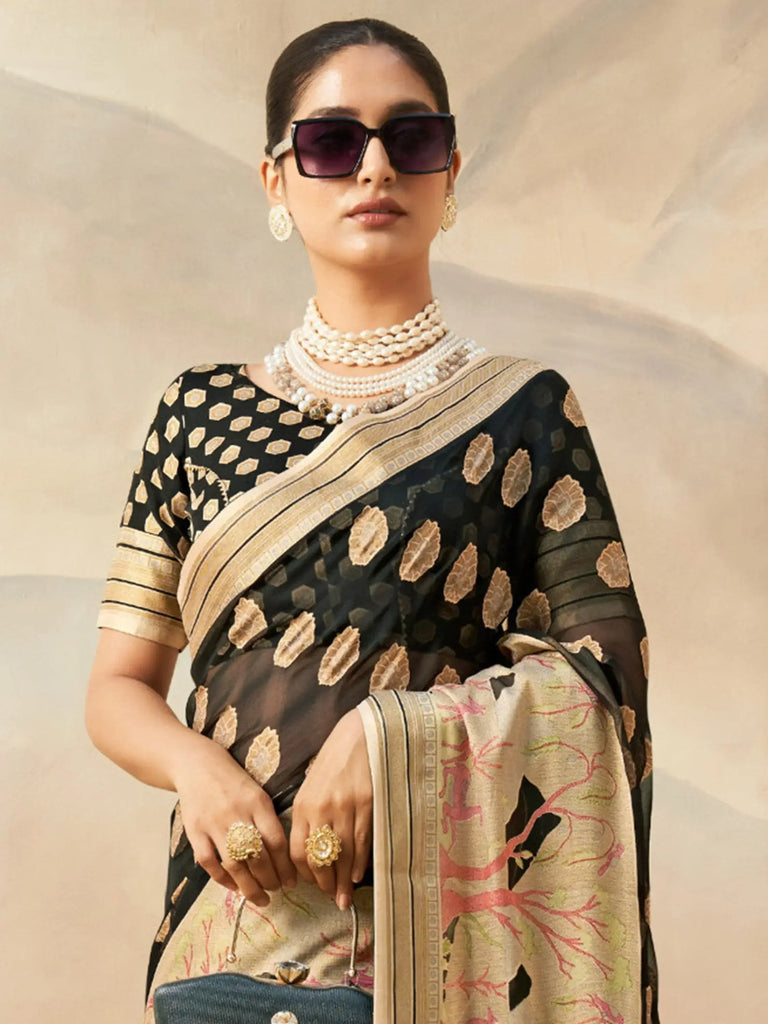 Wonderful Black Georgette Event Wear Paithani Saree With Blouse