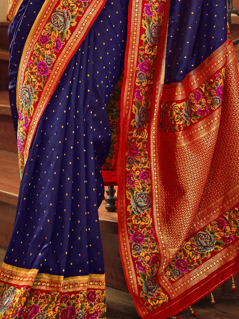 Adorable Navy-Blue Zari Weaving Banarasi Silk Festival Wear Saree