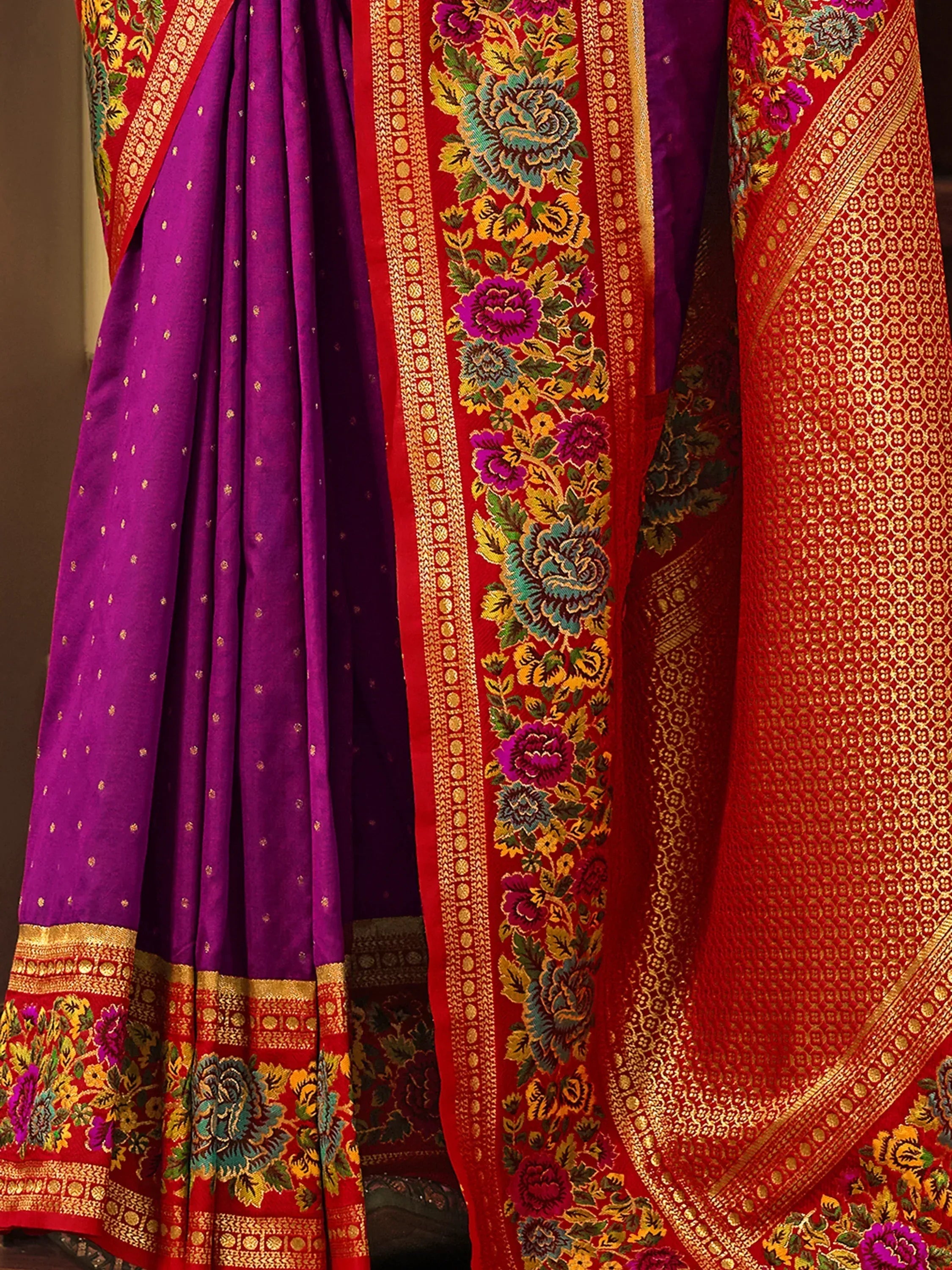 Purple and red designer saree with floral embroidery and gold border, ethnic Indian wear