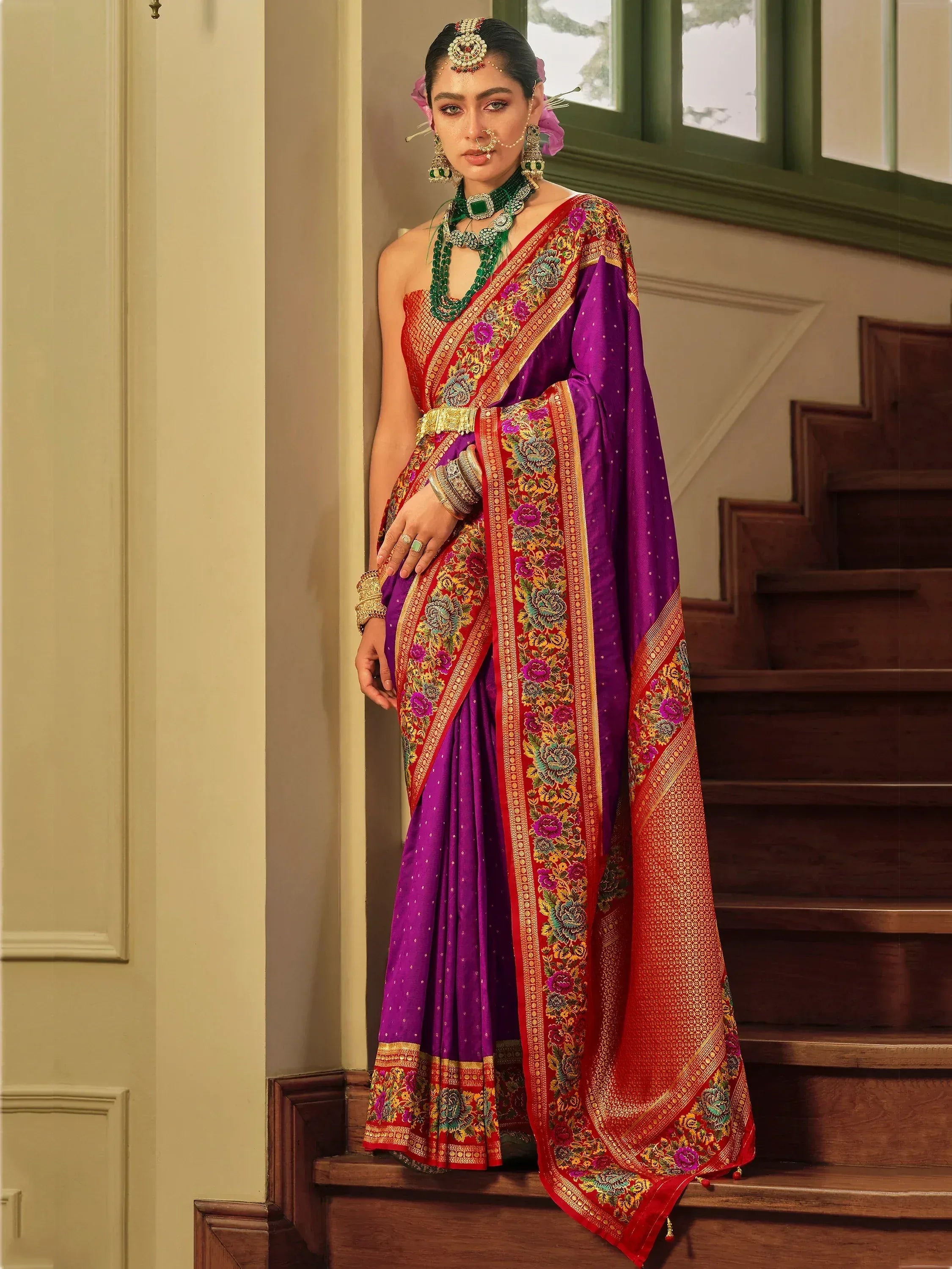 Purple and red embroidered saree with floral border, traditional Indian ethnic wear for weddings