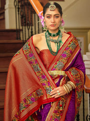 Attractive Purple Zari Weaving Banarasi Silk Wedding Wear Saree