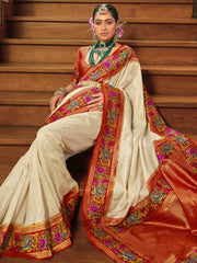 Mesmerizing Off-White Zari Weaving Banarasi Silk Traditional Saree