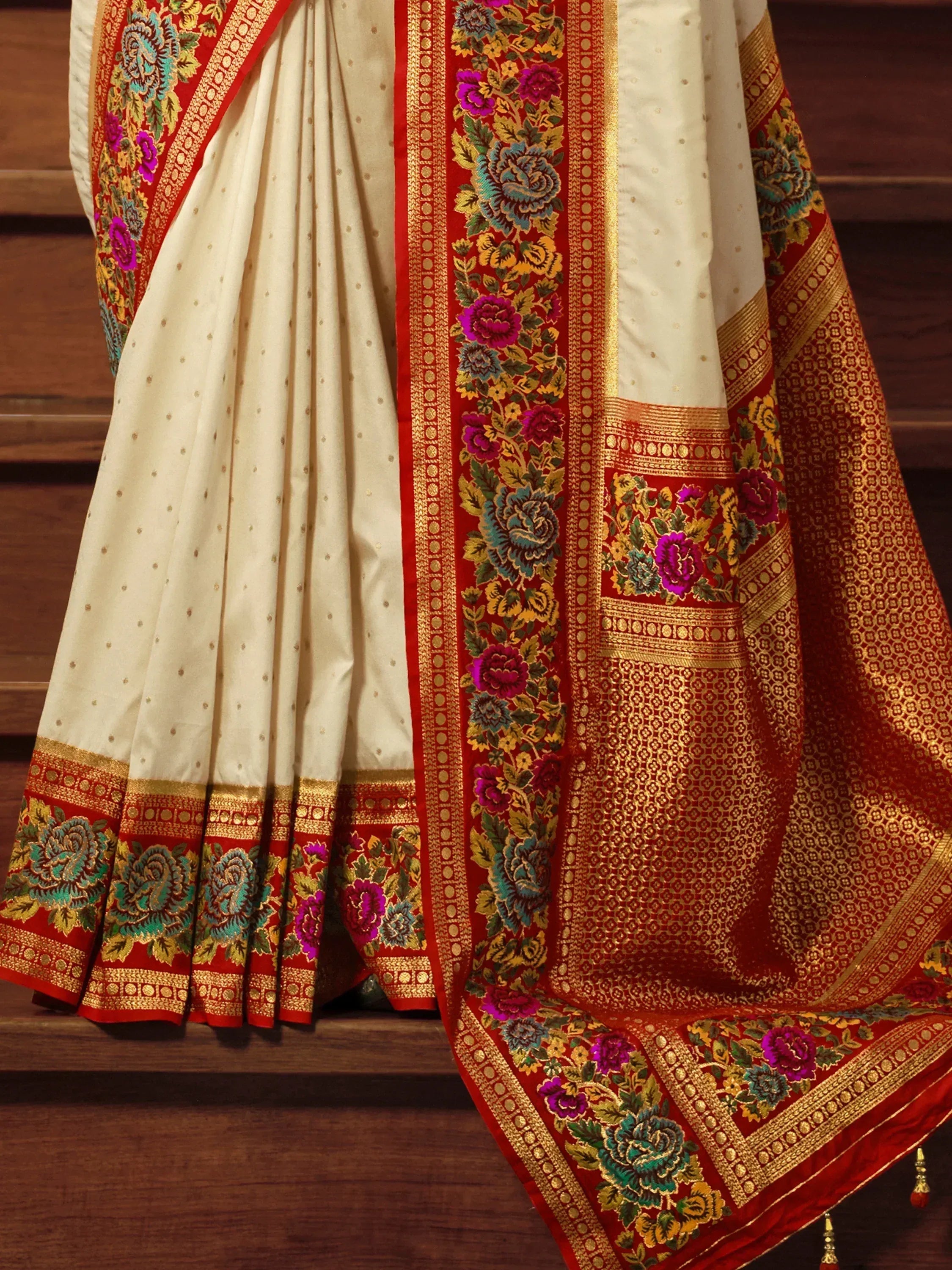 Cream saree with red gold floral border, Indian ethnic wear, designer saree with intricate embroidery
