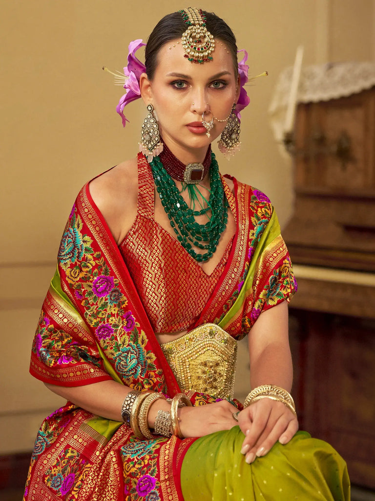 Beautiful Olive Green Zari Weaving Banarasi Silk Saree With Blouse